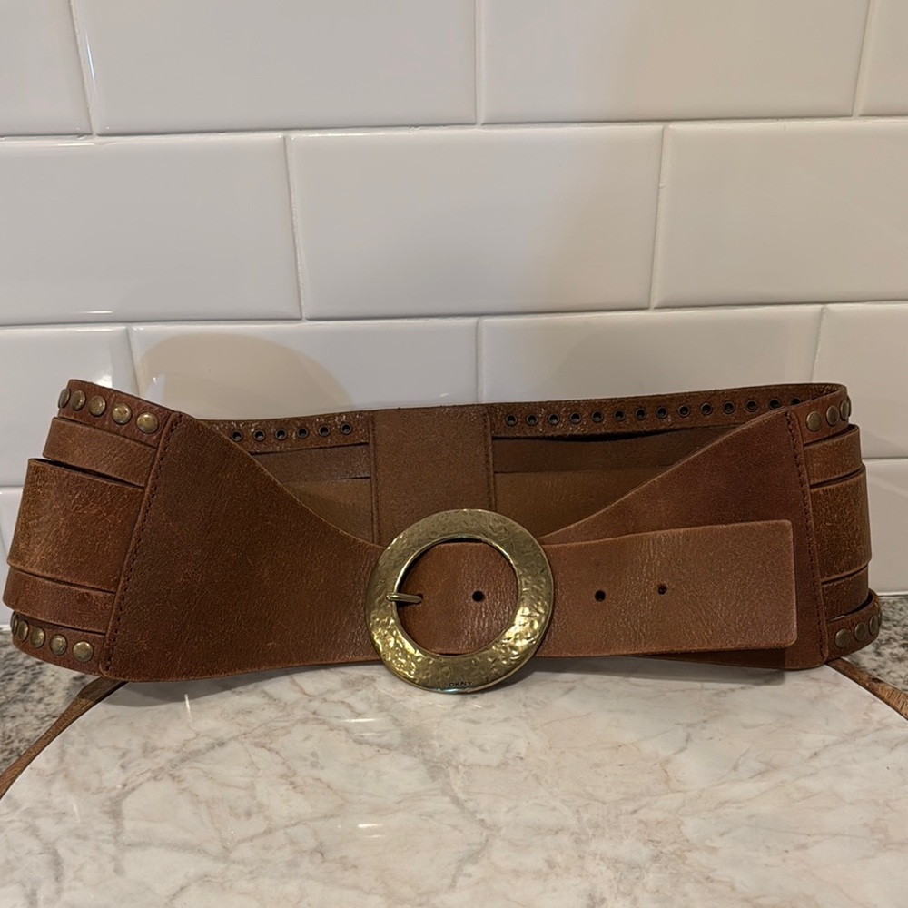 DKNY Brown Leather Belt with Brass Buckle